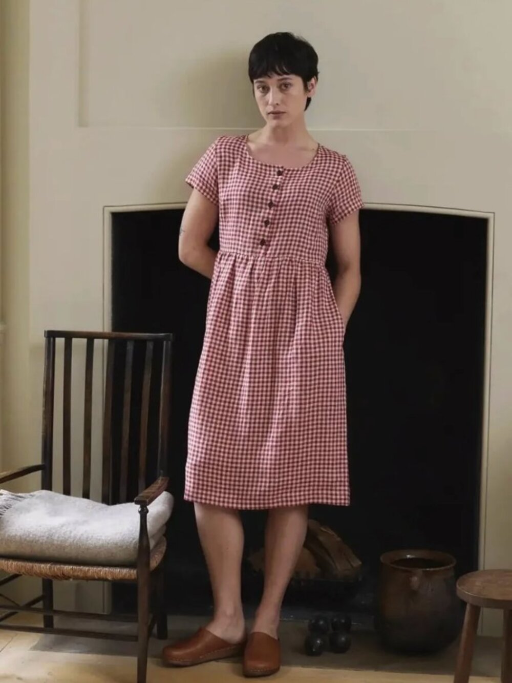 Pyne & Smith No.11 Classic Button Up Linen Dress in Geranium Check - XS